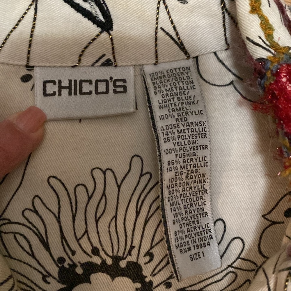 Chico’s Chore Jacket Womens M Floral oversized cottage Art To Wear Embroidered - Picture 11 of 12